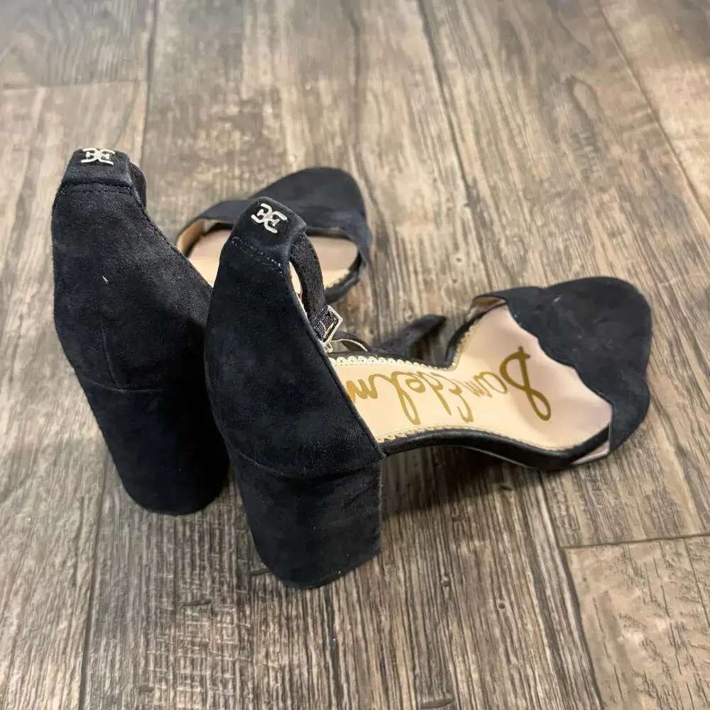Sam Edelman Odilia Black Suede Scalloped Block Heel Sandals Size 8.5